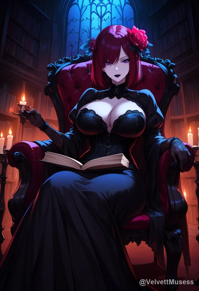 Dahlia in a black gothic dress reading in a candlelit library