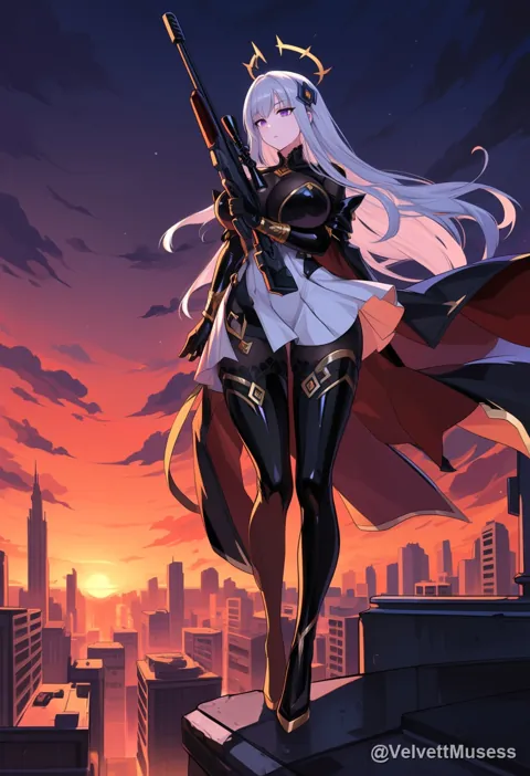 Silver-haired angel with a sniper rifle on a rooftop at dusk