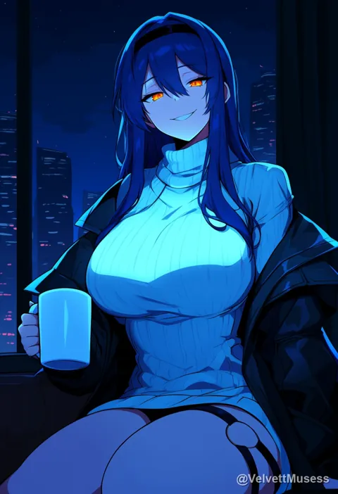 Blue-haired woman with a coffee mug in a night city