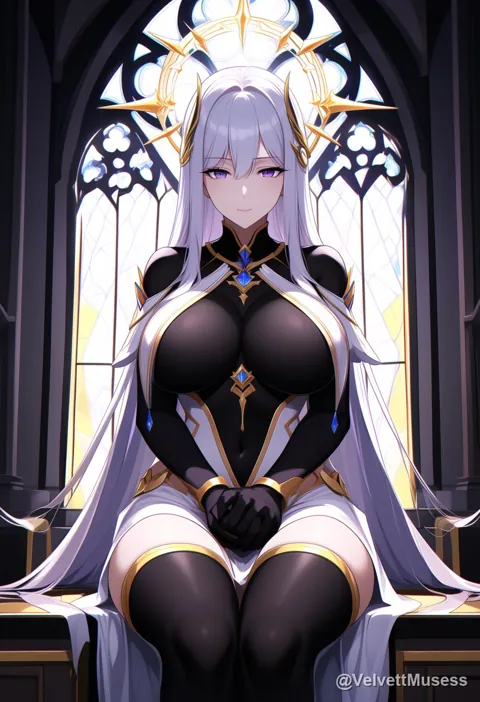 Angel with a golden halo sitting in a cathedral