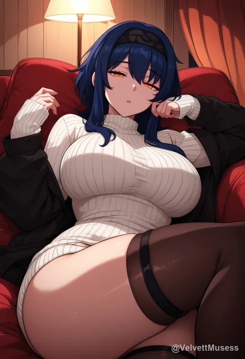 Blue-haired woman in a sweater relaxing in a red armchair