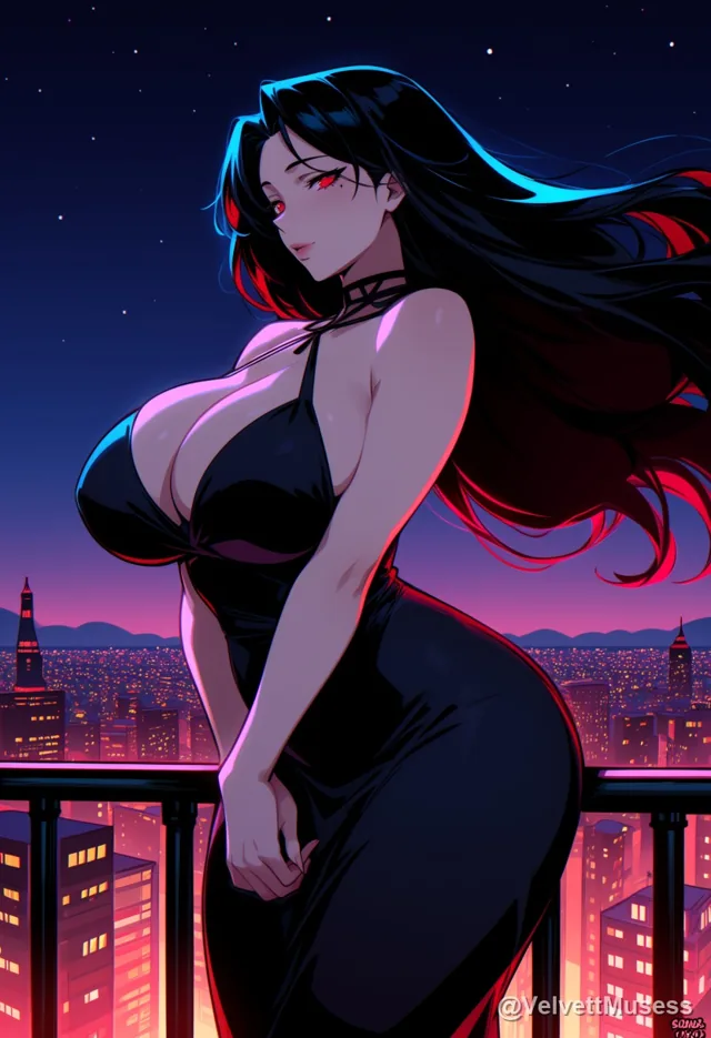Ren in a black dress on a city balcony at night