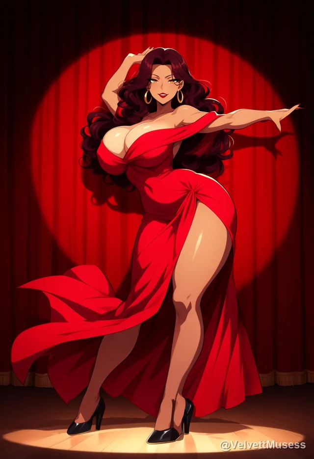 Sol dancing tango in a red dress under a stage spotlight