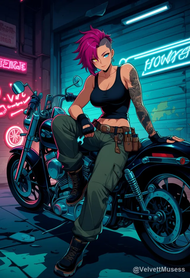 Vera, a tattooed mechanic, sitting on a motorcycle in a neon garage