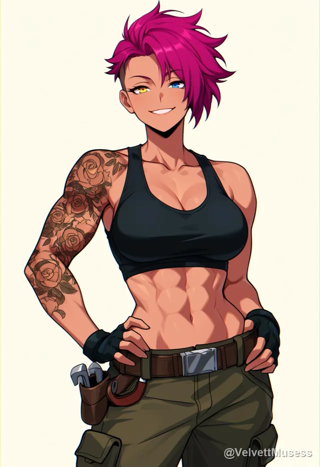 Vera, a tattooed mechanic with pink hair