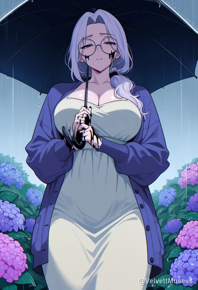 Yume with an umbrella among hydrangeas in the rain